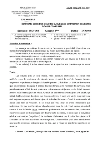 Première page de Français 6e, 5e, 4e, 4e ML, 3e, 3e ML, 2nde A, 2nde A2, 2nde B, 2nde C, 2nde D, 1ère A, 1ère A1, 1ère A2, 1ère B, 1ère C, 1ère D, Tle A1, Tle A2, Tle B, Tle C, Tle D — 2e devoir surveillé, 1er semestr