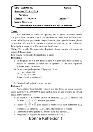 Première page de Mathématiques 1ère B — 2e devoir surveillé, 1er semestre (2018-2019) · CEG Albarika