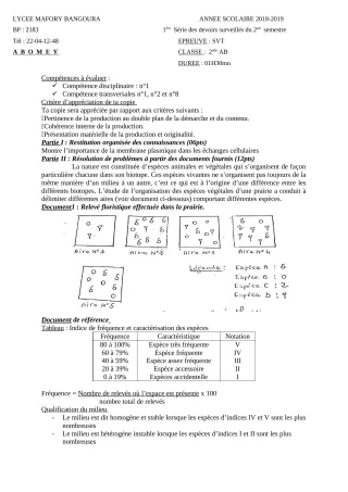 Première page de SVT 2nde A & B — 1er devoir surveillé, 2e semestre (2018-2019) · Lycée Houegbadja d'Abomey (Ex Mafory Bangoura)