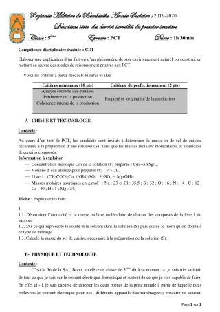 Première page de PCT 5e — 2e devoir surveillé, 1er semestre (2019-2020) · PMB