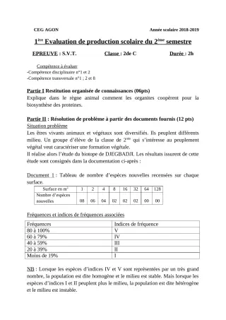 Première page de SVT 2nde C — 1re production scolaire, 2e semestre (2018-2019) · CEG Agon