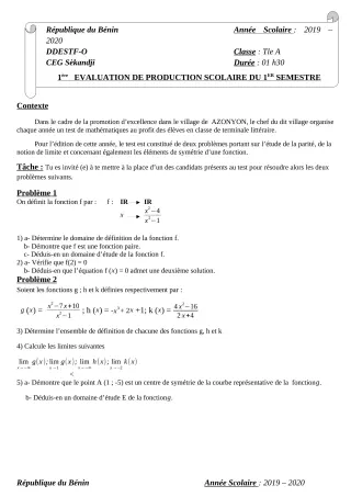 Première page de Mathématiques 6e, 5e, 4e, 4e ML, 3e, 3e ML, 2nde A & B, 1ère C, Tle A1, Tle A2, Tle B, Tle C, Tle D — 1re production scolaire, 1er semestre (2019-2020) · CEG SEKANDJI