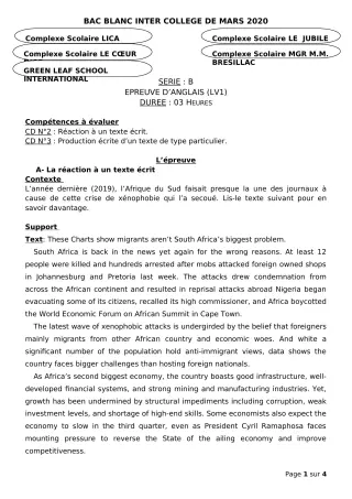 Première page de Examen Blanc de ANGLAIS — Tle B — CPEG LICA (2019)
