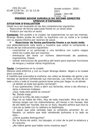 Première page de Espagnol 1ère A2, 1ère B — 1er devoir surveillé, 2e semestre (2020-2021) · CEG du Lac