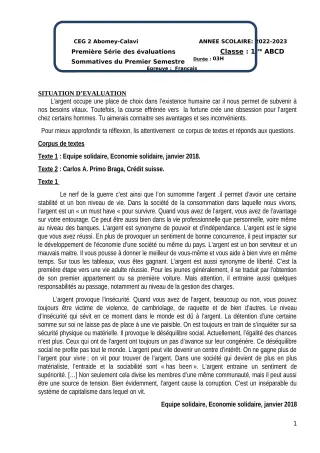 Première page de Français 1ère A & B — 1re évaluation sommative, 1er semestre (2022-2023) · CEG2 ABOMEY - CALAVI (CEG ZOCA)