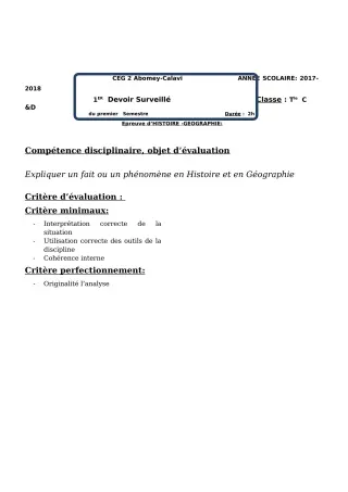 Première page de Histoire-Géographie Tle C, Tle D — 1er devoir surveillé, 1er semestre (2018-2019) · CEG2 ABOMEY - CALAVI (CEG ZOCA)