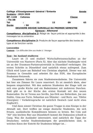 Première page de Allemand Tle A2, Tle B — 2e devoir surveillé, 1er semestre (2019-2020) · CEG L'Entente