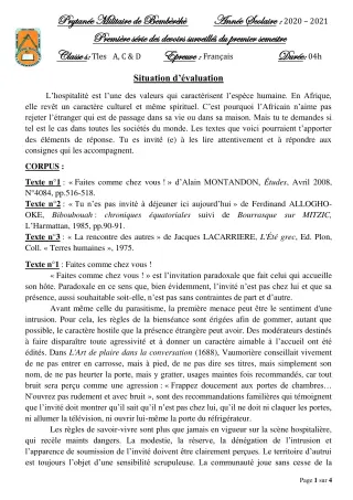 Première page de Français Tle A1, Tle A2, Tle C, Tle D — 1er devoir surveillé, 1er semestre (2020-2021) · PMB