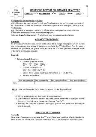 Première page de PCT 4e — 2e devoir surveillé, 1er semestre (2019-2020) · CEG 2 Djougou