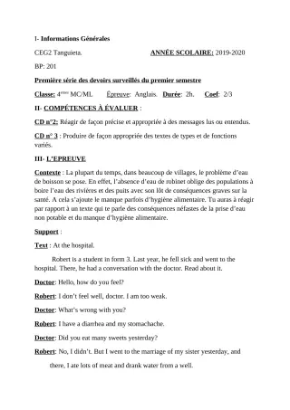 Première page de Anglais 4e ML&MC — 1er devoir surveillé, 1er semestre (2019-2020) · CEG2 TANGUIETA