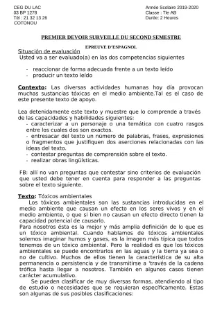 Première page de Espagnol Tle A2, Tle B — 1er devoir surveillé, 2e semestre (2019-2020) · CEG du Lac