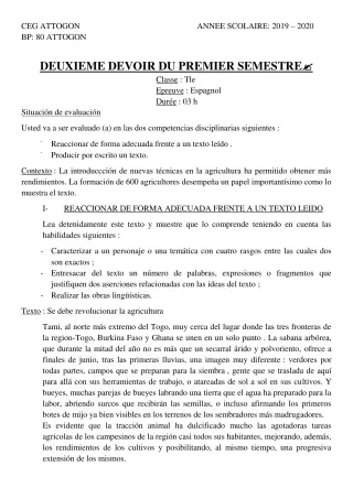 Première page de Espagnol Tle A & B, Tle A1, Tle A2, Tle B — 2e devoir surveillé, 1er semestre (2019-2020) · CEG Attogon