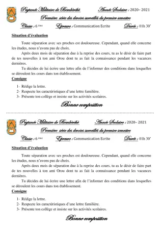 Première page de Français 6e — 1er devoir surveillé, 1er semestre (2020-2021) · PMB