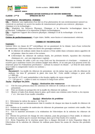 Première page de PCT 2nde D — Devoir surveillé, 2e semestre (2022-2023) · CEG SEKERE