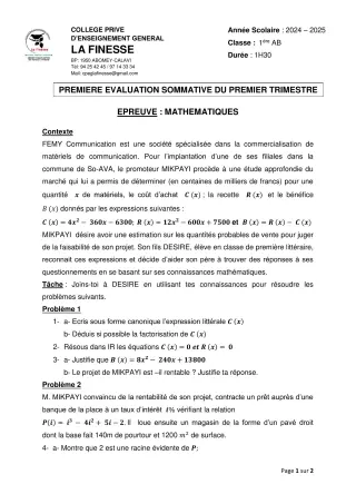 Première page de Mathématiques 1ère A2, 1ère B — 1re évaluation sommative, 1er trimestre (2024-2025) · CPEG La Finesse
