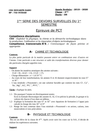 Première page de PCT 3e — 1er devoir surveillé, 1er semestre (2019-2020) · CEG Houakpe daho