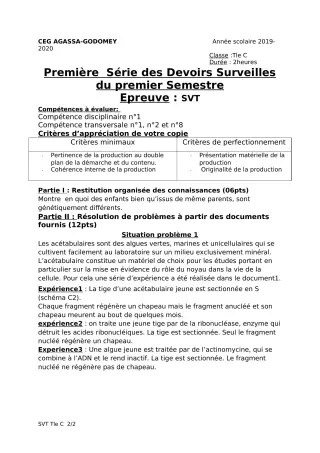 Première page de SVT Tle C — 1er devoir surveillé, 1er semestre (2019-2020) · CEG Agassa Godomey