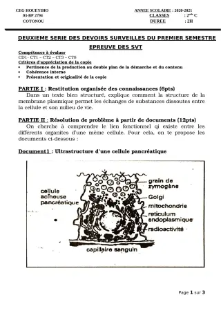 Première page de SVT 2nde C — 2e devoir surveillé, 1er semestre (2020-2021) · CEG HOUEYIHO
