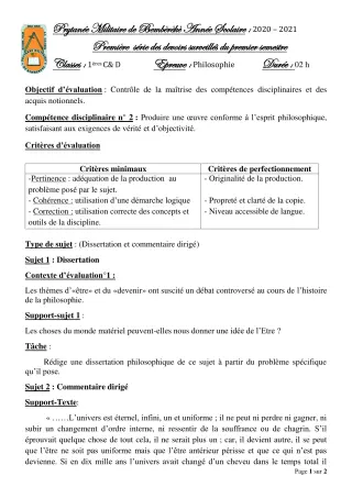 Première page de Philosophie 1ère C, 1ère D — 1er devoir surveillé, 1er semestre (2020-2021) · PMB