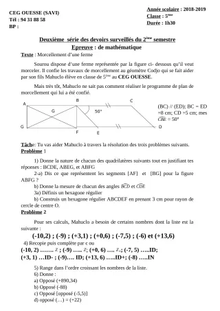 Première page de Mathématiques 6e, 5e, 3e, 3e ML — 2e devoir surveillé, 2e semestre (2018-2019) · Ceg OUESSE