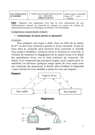 Première page de PCT 6e, 5e, 3e, 3e ML — 1er devoir surveillé (2018-2019) · Ceg OUESSE