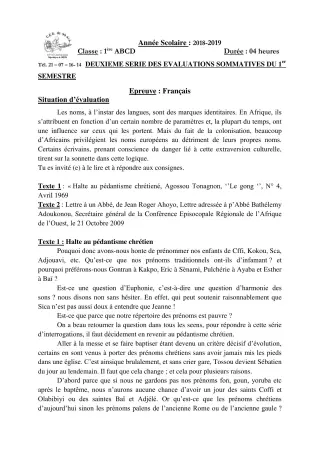 Première page de Français 1ère A1, 1ère A2, 1ère B, 1ère C, 1ère D — 2e évaluation sommative, 1er semestre (2018-2019) · CEG Sô-Ava
