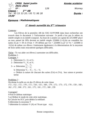 Première page de Mathématiques 2nde A2, 2nde B, 1ère A2, 1ère B — 1er devoir surveillé, 3e trimestre (2021-2022) · CPEG SAINT Justin