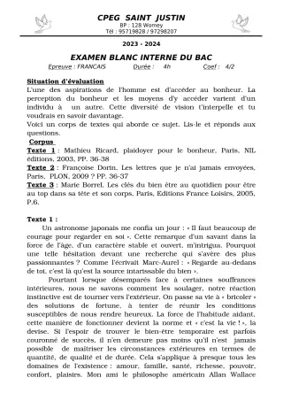 Première page de Devoir surveillé de FRANCAIS — Tle A2, Tle B, Tle C, Tle D — CPEG SAINT Justin (2023)