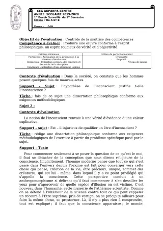 Première page de Philosophie Tle A1, Tle A2, Tle B — 1er devoir surveillé, 1er semestre (2019-2020) · CEG 1 Akpakpa-Centre