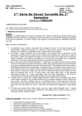 Première page de Anglais 6e — 1er devoir surveillé, 1er semestre (2018-2019) · CEG Akassato