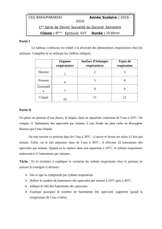 Première page de SVT 6e — 1er devoir surveillé, 2e semestre (2018-2019) · CEG BAKA