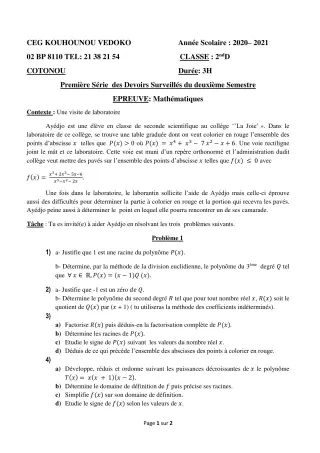 Première page de Mathématiques 2nde D — 1er devoir surveillé, 2e semestre (2020-2021) · CEG Kouhounou-Vêdoko