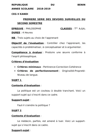 Première page de Philosophie Tle A1, Tle A2 — 1er devoir surveillé, 2e semestre (2018-2019) · CEG 2 KANDI