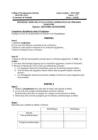 Première page de Histoire-Géographie 5e — 1re évaluation sommative, 1er semestre (2019-2020) · Ceg OUESSE