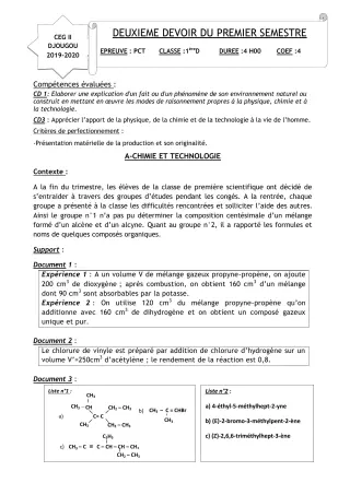 Première page de PCT 1ère D — Composition, 1er semestre (2019-2020) · CEG 2 Djougou