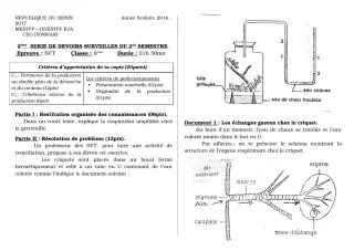 Première page de SVT 6e, 5e, 4e, 4e ML, 3e, 3e ML — 2e devoir surveillé, 2e semestre (2018-2019) · CEG Donwari