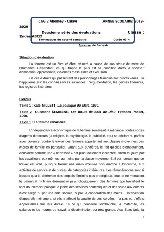 Première page de Français 2nde A & B, 2nde C, 2nde D — 2e évaluation sommative, 2e semestre (2019-2020) · CEG2 ABOMEY - CALAVI (CEG ZOCA)