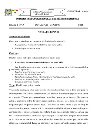 Première page de Espagnol 4e ML, 3e ML, 2nde A, 1ère A — 2018-2019 · CEG1 Ikpinlè