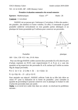 Première page de Mathématiques 6e, 5e, 4e, 4e ML, 3e, 3e ML — 1re évaluation sommative, 2e semestre (2019-2020) · CEG3 ABOMEY CALAVI