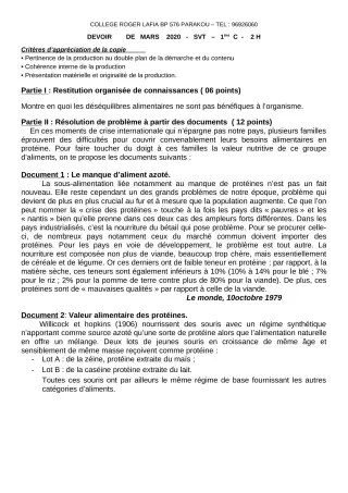 Première page de SVT 1ère C — Devoir surveillé (2019-2020) · CPEG Roger LAFIA