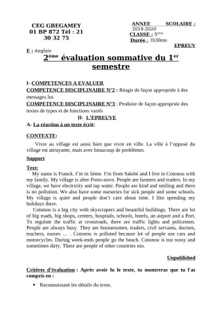Première page de Anglais 5e — Évaluation sommative, 1er semestre (2019-2020) · CEG GBEGAMEY