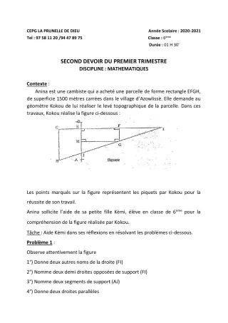 Première page de Mathématiques 6e, 5e, 4e, 3e, 3e ML, 2nde B, 2nde D — 2e devoir surveillé, 1er trimestre (2020-2021) · CEPG La Prunelle de Dieu