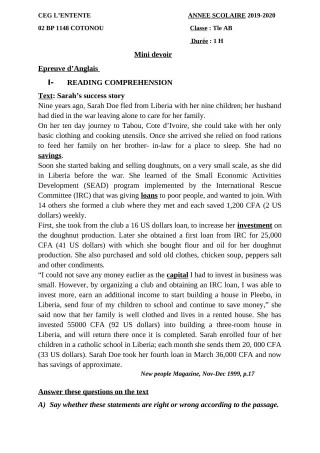 Première page de Anglais Tle A2, Tle B — 1er devoir surveillé (2019-2020) · CEG L'Entente
