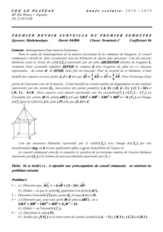Première page de Mathématiques Tle C — 1er devoir surveillé, 1er semestre (2018-2019) · CEG Le Plateau
