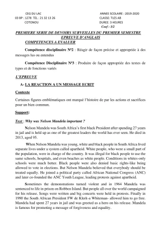 Première page de Anglais Tle A2, Tle B — 1er devoir surveillé, 1er semestre (2019-2020) · CEG du Lac