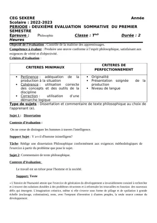 Première page de Philosophie Tle D — 2e évaluation sommative, 1er semestre (2022-2023) · CEG SEKERE