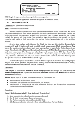 Première page de Allemand Tle B — 1re évaluation sommative, 1er semestre (2022-2023) · CEG2 ABOMEY - CALAVI (CEG ZOCA)
