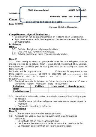Première page de Histoire-Géographie 6e — 1re évaluation sommative, 2e semestre (2023-2024) · CEG2 ABOMEY - CALAVI (CEG ZOCA)