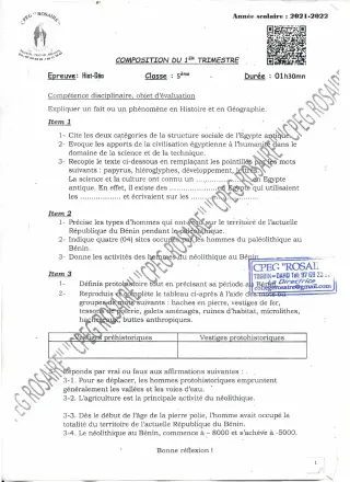 Première page de Histoire-Géographie 5e — 2e composition, 1er trimestre (2021-2022) · CPEG ROSAIRE
