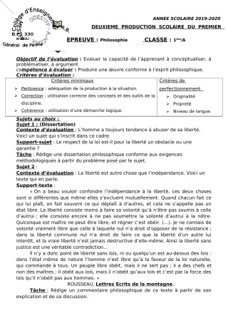 Première page de Philosophie 2nde A, 1ère A, 1ère D, Tle A, Tle D — 2e production scolaire, 1er semestre (2019-2020) · CEG Perma